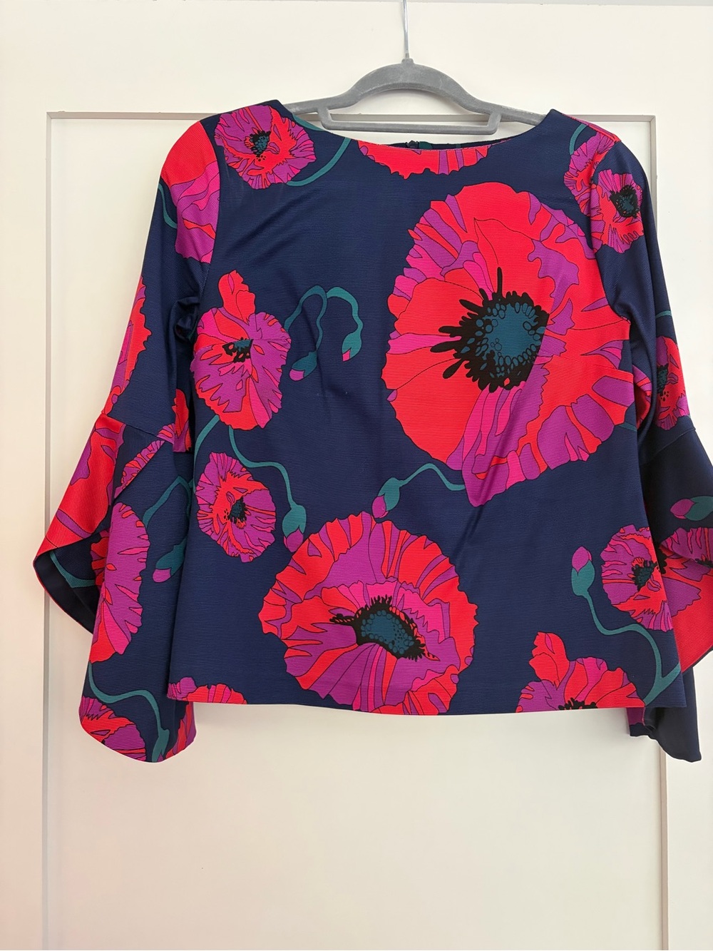 Trina Turk Navy Floral Bell-Sleeve Top with Red and Pink Poppies and skort